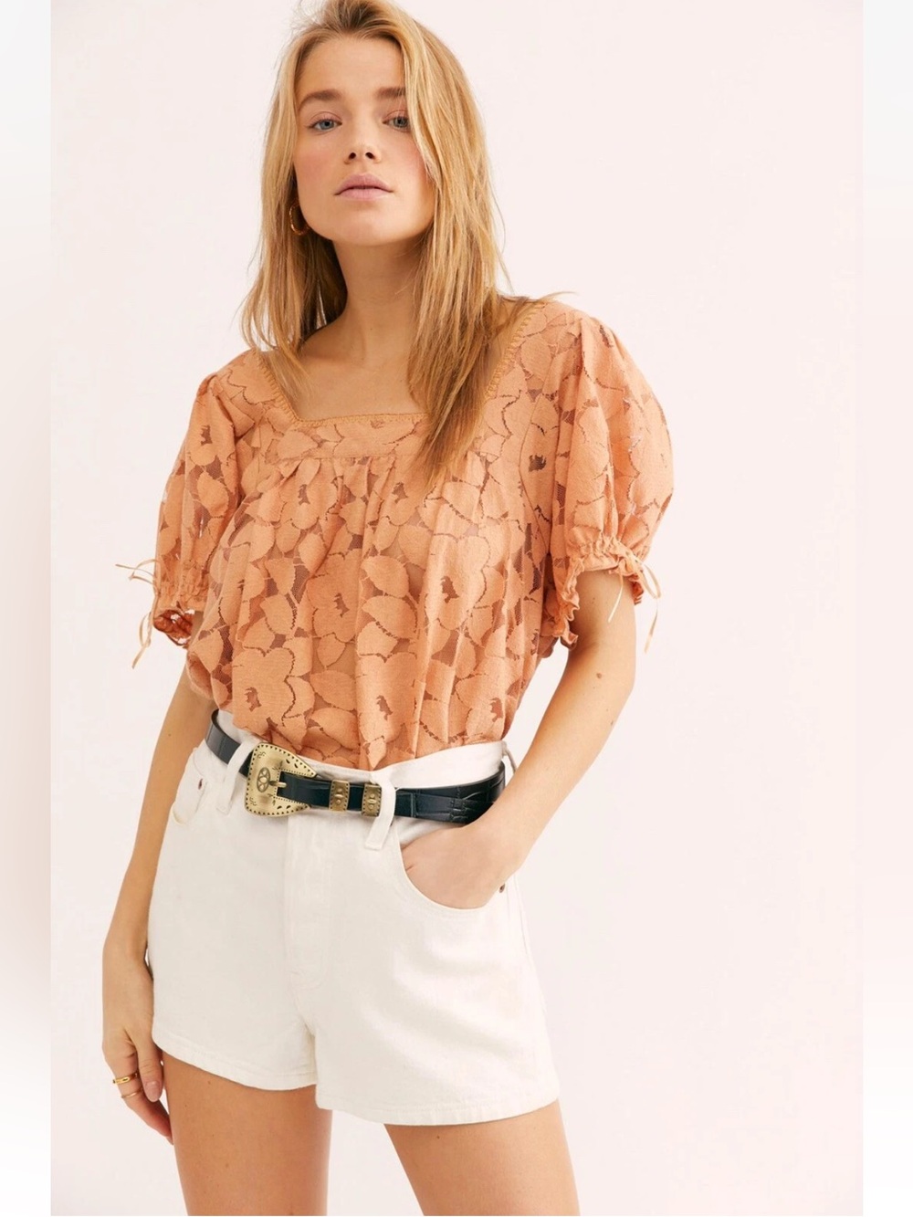 Free People Intimately Peach Lace Puff-Sleeve Bodysuit Medium